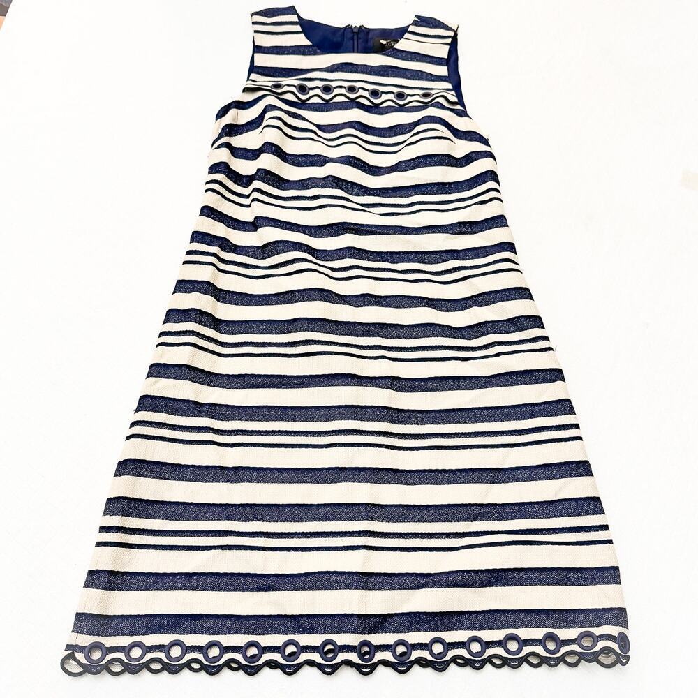 J. Crew Navy Striped Shift Knee Length Dress Eyelet Hem Sleeveless Size 0 EUC